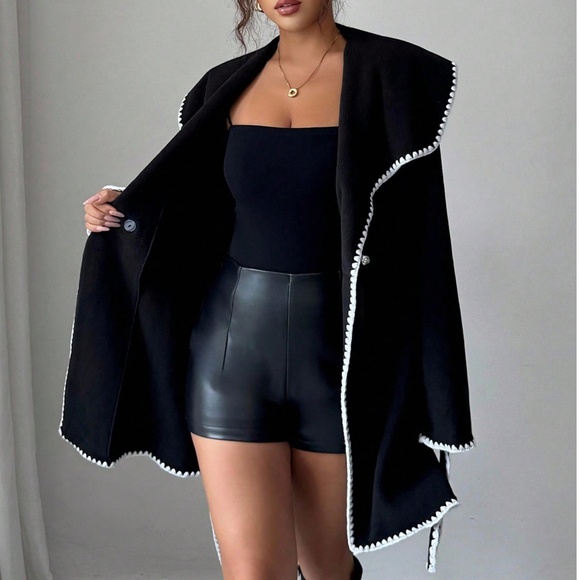 Solid Wide Collar Color block Belted jacket Coat - Picture 5 of 8